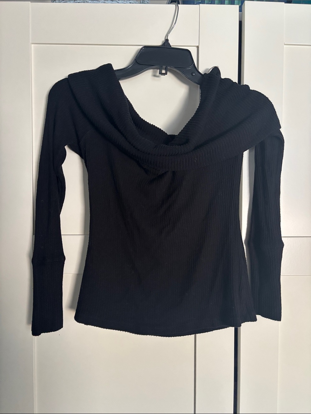 Miss Lola Black Off-Shoulder Ribbed Long Sleeve Top